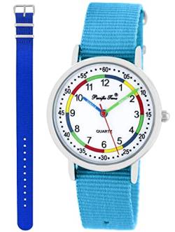Pacific Time Lernuhr Mädchen Jungen Kinder Armbanduhr 2 Armband hellblau + royal blau analog Quarz 11040 von Pacific Time