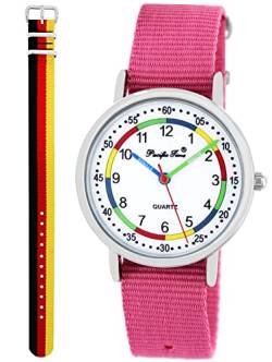 Pacific Time Lernuhr Mädchen Jungen Kinder Armbanduhr 2 Armband rosa + Deutschland analog Quarz 11033 von Pacific Time