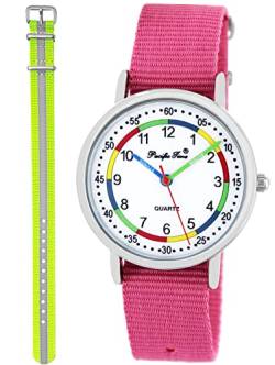 Pacific Time Lernuhr Mädchen Jungen Kinder Armbanduhr 2 Armband rosa + gelb reflektierend analog Quarz 11029 von Pacific Time