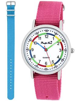 Pacific Time Lernuhr Mädchen Jungen Kinder Armbanduhr 2 Armband rosa + hell blau analog Quarz 11024 von Pacific Time