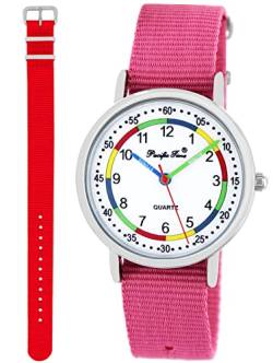 Pacific Time Lernuhr Mädchen Jungen Kinder Armbanduhr 2 Armband rosa + rot analog Quarz 11028 von Pacific Time
