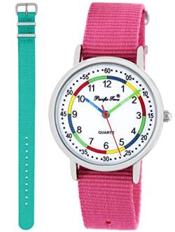 Pacific Time Lernuhr Mädchen Jungen Kinder Armbanduhr 2 Armband rosa + türkis analog Quarz 11026 von Pacific Time