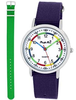 Pacific Time Lernuhr Mädchen Jungen Kinder Armbanduhr 2 Armband violett + grün analog Quarz 10009 von Pacific Time
