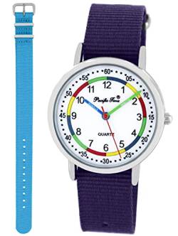 Pacific Time Lernuhr Mädchen Jungen Kinder Armbanduhr 2 Armband violett + hellblau analog Quarz 11014 von Pacific Time