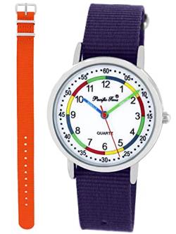 Pacific Time Lernuhr Mädchen Jungen Kinder Armbanduhr 2 Armband violett + orange analog Quarz 11022 von Pacific Time