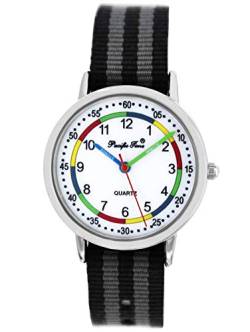 Pacific Time Mädchen Jungen Uhr Lernuhr analog Quarz mit Textilarmband schwarz grau Silber 10809 von Pacific Time