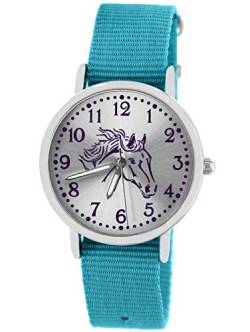 Pacific Time Mädchen Uhr Pferde analog Quarz mit Textil Wechselarmband hell blau 10308 von Pacific Time