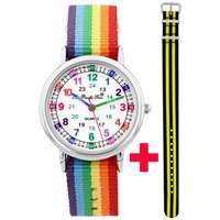 Pacific Time Quarzuhr Armbanduhr Jungen Lernuhr Textil Wechselarmband schwarz gelb 12920, + farbenfrohes Regenbogen Armband - Gratis Versand von Pacific Time