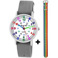 Pacific Time Quarzuhr Kinder Armbanduhr Jungen Lernuhr Textil 2 Wechselarmband grau 12926, + buntes Armband - Gratis Versand von Pacific Time