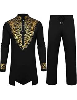 Pacinoble Afrikanisches 2-teiliges Set für Herren, traditioneller Anzug, floraler Druck, afrikanisches Dashiki-Hemd und -Hose, schwarz, L von Pacinoble