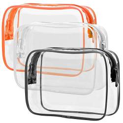 Transparente Kulturbeutel, Packism 3 Stück, TSA-zugelassene Kulturbeutel, Quart-Größe, Reise-Make-up-Kosmetiktasche für Damen und Herren, Handgepäcktasche für Flughafen, Orange, 3 Pack von Packism