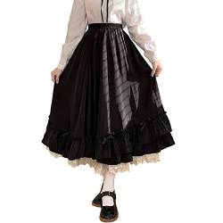 Damen-Rock-Set, einfarbig, hohe Taille, zweiteilig, japanischer Stil, süßer Lolita, gerüschter Saum, niedlich, lange Röcke, Schwarz, Einheitsgröße von Packitcute