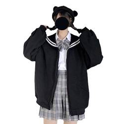 Harajuku Kapuzenjacke mit Reißverschluss, lässig, langärmelig, niedliches Mädchen, einfarbig, gemütliche Jacke - Schwarz - Einheitsgröße von Packitcute