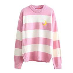 Packitcute Gestreifter Strickpullover, lange Ärmel, Mond Stickerei Süße Pullover für Frauen - Pink - Groß von Packitcute