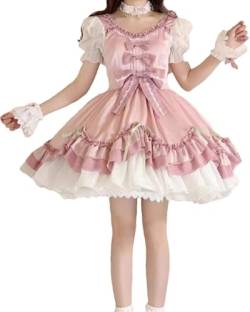 Packitcute Süßes Lolita-Kawaii-Kleid mit Rüschensaum, für Teenager, süße Spitze, Schleife, hohe Taille, A-Linie, Cocktail-Partykleider, Pink, Mittel von Packitcute