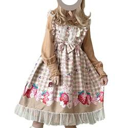 Sweet Teens Lolita-Kleid im japanischen Stil, niedlicher Hasen-Erdbeer-Druck, hohe Taille, kariertes Kleid, Khaki, Mittel von Packitcute