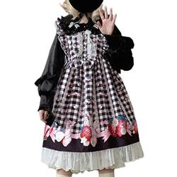 Sweet Teens Lolita-Kleid im japanischen Stil, niedliches Hasen-Erdbeer-Druck, hohe Taille, kariertes Kleid, Schwarz, M von Packitcute