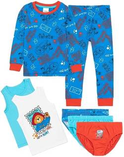 Paddington Bär 7-teiliges Pyjama-Set Kinder | Blau T-Shirt Leggings Pjs 2 Westen 3 Unterwäsche Hose | Paddington Bar Tante Lucy Tour Bus Post Briefmarkengrafiken von Paddington Bear