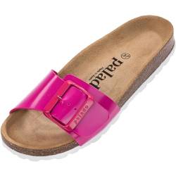 Damen Pantoletten Malta EGS Lack - Sandalen mit verstellbaren Riemen - Hausschuhe - Natur Kork-Fussbett - extra bequem mit Sohle aus Velourleder Fuchsia UK3,5 - EU36 von Palado