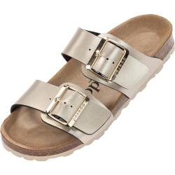 Damen Pantoletten SAMOS EGS Matt - Sandalen mit verstellbaren Riemen - Hausschuhe - Natur Kork-Fussbett - extra bequem mit Sohle aus Velourleder Beige Metallic UK7 - EU40 von Palado