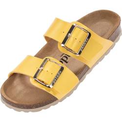 Damen Pantoletten SAMOS EGS Matt - Sandalen mit verstellbaren Riemen - Hausschuhe - Natur Kork-Fussbett - extra bequem mit Sohle aus Velourleder Gelb Metallic UK8 - EU41 von Palado