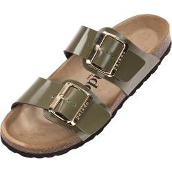 Damen Pantoletten SAMOS EGS Matt - Sandalen mit verstellbaren Riemen - Hausschuhe - Natur Kork-Fussbett - extra bequem mit Sohle aus Velourleder Khaki Lack UK6 - EU39 von Palado