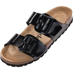 Damen Pantoletten SAMOS EGS Matt - Sandalen mit verstellbaren Riemen - Hausschuhe - Natur Kork-Fussbett - extra bequem mit Sohle aus Velourleder Schwarz Lack UK3,5 - EU36 von Palado