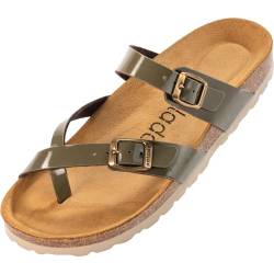 Palado Damen Pantoletten Cres Lack - Sandalen mit Riemen - Hausschuhe mit Natur Kork-Fussbett - bequeme Schuhe mit Sohle aus feinstem Velourleder Olive UK3,5 - EU36 von Palado