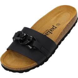 Palado Damen Pantoletten Gozo - Bequeme Schuhe mit Kette - modische Sandalen - mit Kork-Fussbett - Sandaletten mit Leder-Laufsohle Black UK3,5 - EU36 von Palado