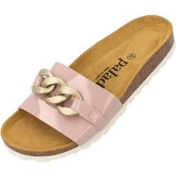 Palado Damen Pantoletten Gozo - bequeme Schuhe mit Kette - modische Sandalen - mit Kork-Fussbett - Sandaletten mit Leder-Laufsohle Rosa Lack UK8 - EU41 von Palado