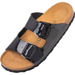 Palado Damen Pantoletten Korfu - Modische Sandalen mit 2 verstellbaren Riemen - Herren Hausschuhe mit Sohle aus feinstem Veloursleder und Natur Kork-Fussbett Basic Lack Schwarz 41 EU von Palado