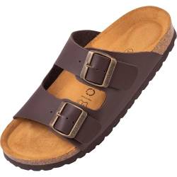 Palado Damen Pantoletten Korfu - Modische Sandalen mit 2 verstellbaren Riemen - Herren Hausschuhe mit Sohle aus feinstem Veloursleder und Natur Kork-Fussbett Basic Matt Braun 36 EU von Palado