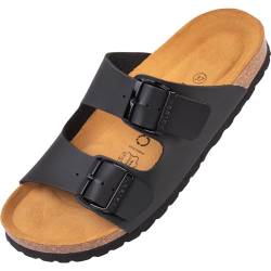 Palado Damen Pantoletten Korfu - Modische Sandalen mit 2 verstellbaren Riemen - Herren Hausschuhe mit Sohle aus feinstem Veloursleder und Natur Kork-Fussbett Basic Matt Schwarz 37 EU von Palado