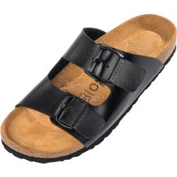 Palado Damen Pantoletten Korfu - Modische Sandalen mit 2 verstellbaren Riemen - Herren Hausschuhe mit Sohle aus feinstem Veloursleder und Natur Kork-Fussbett Metallic Schwarz 37 EU von Palado