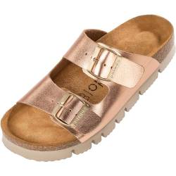 Palado Damen Pantoletten Korfu PL - Metallic Hausschuhe mit Riemen - Plateau mit Sohle aus feinstem Veloursleder - Sandalen mit Natur Kork-Fußbett Rosegold UK3,5 - EU36 von Palado