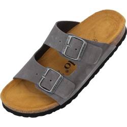 Palado Damen Pantoletten Korfu Premium Leder Herren - Hausschuhe mit verstellbaren Riemen - Sandalen Schuhe mit Sohle aus feinstem Veloursleder Grau UK10 - EU44 von Palado