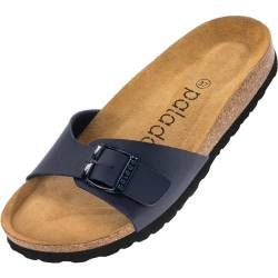 Palado Damen Pantoletten Malta - elegante Sandalen mit verstellbarem Riemen - Hausschuhe für Frauen mit Kork-Fussbett - Sandaletten mit Natur Leder-Laufsohle Basic Matt Blau 38 EU von Palado