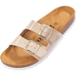 Palado Damen Pantoletten Milos Lack- Sandalen mit Riemen - Hausschuhe mit Natur Kork-Fussbett - bequeme Schuhe mit Sohle aus feinstem Velourleder Beige UK9 - EU42 von Palado