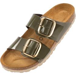 Palado Damen Pantoletten Samos GS - Sandalen mit verstellbaren Riemen - Hausschuhe - Natur Kork-Fussbett - extra bequem mit Sohle aus Velourleder Lack Olive UK6 - EU39 von Palado