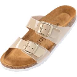 Palado Damen Pantoletten Samos - Schuhe mit verstellbaren Riemen - Hausschuhe mit Sohle aus feinstem Veloursleder - Sandalen mit Natur Kork-Fußbett Lack Beige 37 EU von Palado