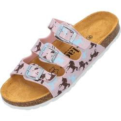 Palado Kinder Pantoletten Capri G Print - Mädchen Sandalen mit verstellbaren Riemen - bequeme Schuhe mit Sohle aus feinstem Veloursleder - Hausschuhe mit Natur Kork-Fußbett Rosa Unicorn EU31 von Palado