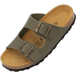 Palado Kinder Pantoletten Korfu B Basic - Jungen Sandalen - bequeme Schuhe mit Sohle aus feinstem Veloursleder - Hausschuhe mit Natur Kork-Fußbett Khaki EU37 von Palado