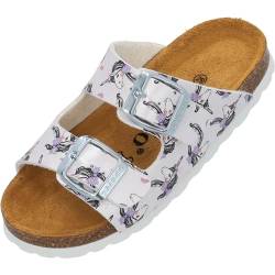 Palado Kinder Pantoletten Korfu G Print - Mädchen Sandalen mit verstellbaren Riemen - bequeme Schuhe mit Sohle aus feinstem Veloursleder - Hausschuhe mit Natur Kork-Fußbett Weiß Unicorn EU29 von Palado