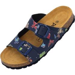 Palado Kinder Pantoletten Korfu Print - Jungen Sandalen mit verstellbaren Riemen - bequeme Schuhe mit Sohle aus feinstem Veloursleder - Hausschuhe mit Natur Kork-Fußbett Blau Dinos EU31 von Palado