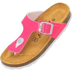 Palado Kinder Pantoletten Kos G Lack - Mädchen Sandalen mit verstellbaren Riemen - bequeme Schuhe mit Sohle aus feinstem Veloursleder - Hausschuhe mit Natur Kork-Fußbett Pink Neon Lack EU34 von Palado