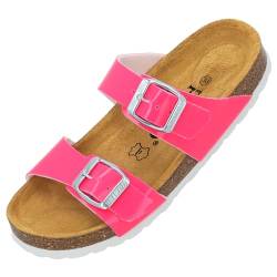 Palado Kinder Pantoletten Samos G Basic - Mädchen Sandalen mit verstellbaren Riemen - bequeme Schuhe mit Sohle aus feinstem Veloursleder - Hausschuhe mit Natur Kork-Fußbett Pink Neon Lack EU37 von Palado