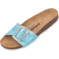 Palado Malta EGS Aurora by Sila Sahin Damen Pantoletten - modische Sandalen - Hausschuhe mit Natur Kork-Fussbett - bequeme Schuhe mit Sohle aus feinstem Velourleder Blau UK3,5 - EU36 von Palado