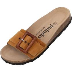 Palado Malta Wood by Sila Sahin Damen Pantoletten - modische 1 Riemer Sandalen - Hausschuhe mit Natur Kork-Fussbett - bequeme Schuhe mit Sohle aus feinstem Velourleder Braun UK5,5 - EU38 von Palado