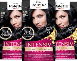 Palette Intensiv Creme Coloration 1-1/909 Blauschwarz Stufe 3 (3 x 115 ml), Permanente Haarfarbe für bis zu 8 Wochen intensiven Farbglanz & 100 % Grauabdeckung von Palette