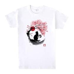 Pampling T-Shirt mit kurzen Ärmeln, aus 100% Baumwolle, Unisex Bekleidung mit originellen Motiven in 5 Größen, T-Shirt Weiß, Modell Sakura Cat Sumi-e (L) von Pampling